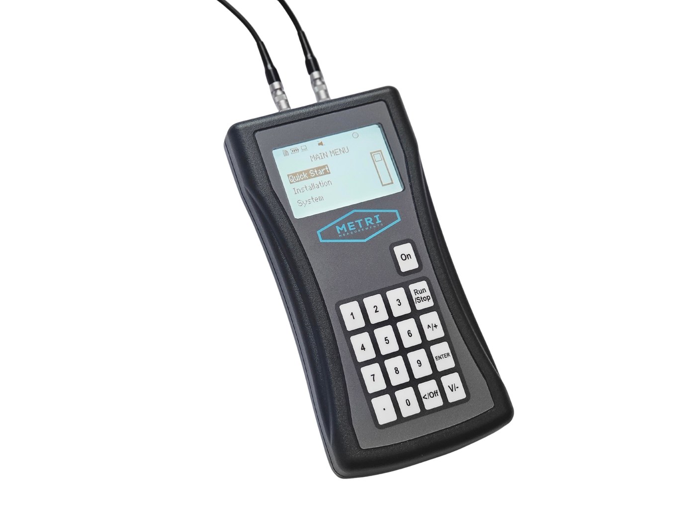 Seztec Ultra ProLite portable flow meter showing the main menu on its backlit display